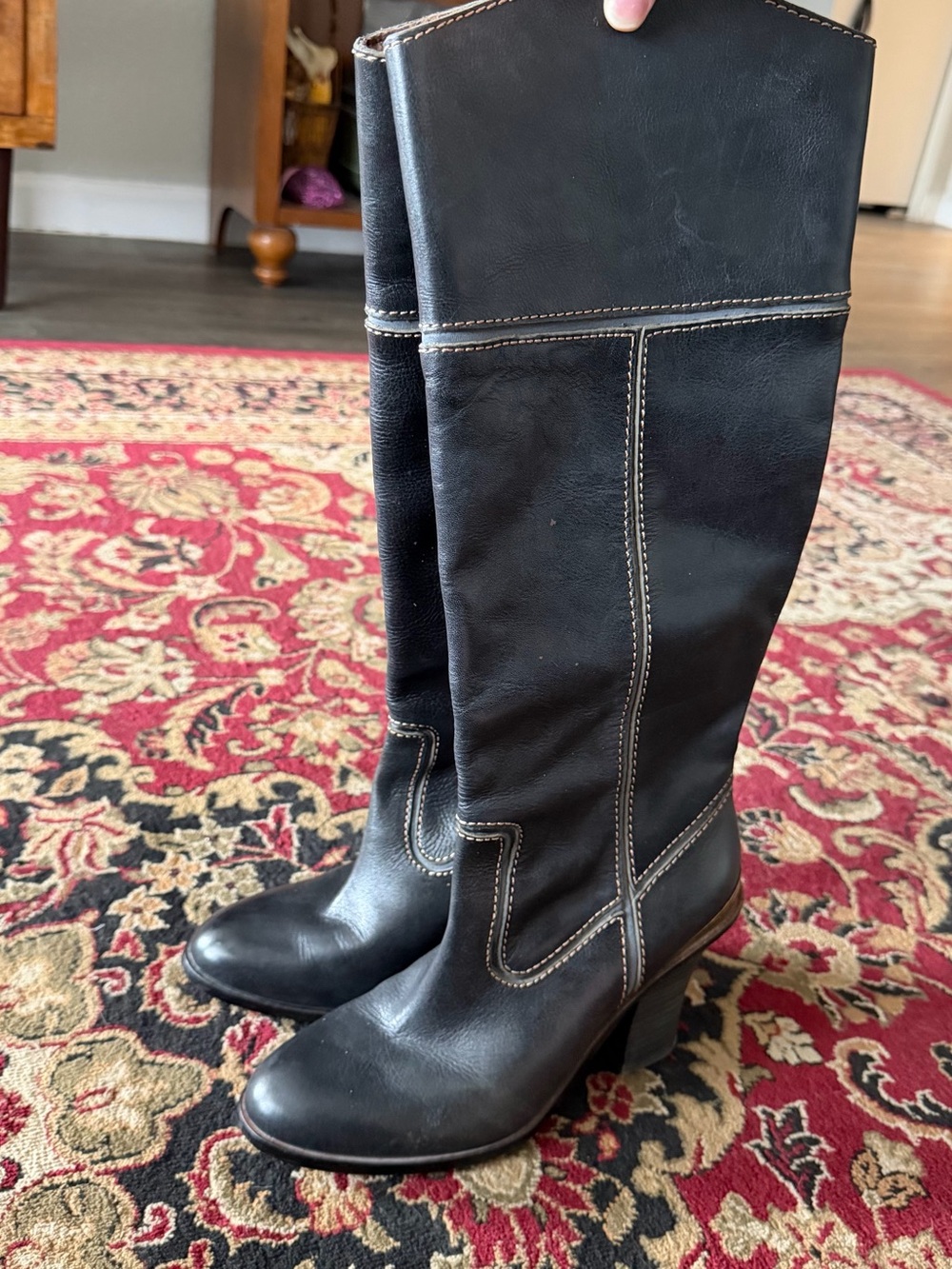 Lucky Brand Black Leather Knee-High Heeled Boots with Brass Ankle Detail